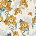 Yellow orchid, herbs, fern, palm leaves and greenery seamless pattern. Royalty Free Stock Photo