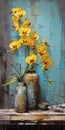 Yellow Orchids In Blue Vases - Davina Moran Wall Decor Royalty Free Stock Photo