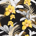 Yellow orchids, exotic ficus and tropical leaves. Seamless pattern.