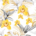 Yellow orchids, exotic ficus and tropical leaves. Seamless pattern.