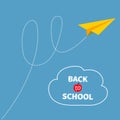 Yellow origami paper plane dash line track with loop in the sky. Back to school text. White cloud. Flat design. Blue background.