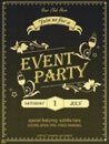 Yellow ornate vintage event invitation card design & poster & banner with vintage floral elements and wine glass.