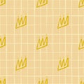 Yellow Outline Crown Ornament Seamless Pattern. Soft Orange Background With White Check