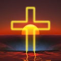 yellow outline neon religious cross at sea sunset