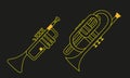 Yellow outline trumpet and cornet in simple contour illustration