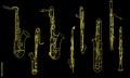 Yellow outline various saxophones. Woodwind octet Royalty Free Stock Photo