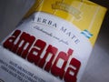 Yellow packaging of Yerba Mate Amanda tea as a coffee replacement. Vitamin-rich tea with healing properties on circa 20 November 2