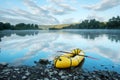 Yellow packraft boat on sunrise river Dnister