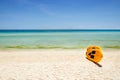 Yellow paddle boards and children boats on tropical beach Royalty Free Stock Photo