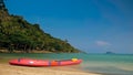 Yellow paddle on pink canoe standing on sand beach Royalty Free Stock Photo