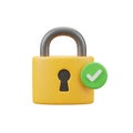 Yellow padlock with a green checkmark icon, symbolizing security and access granted, isolated on white background Royalty Free Stock Photo