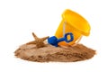 A yellow pail and blue shovel on the beach with a starfish