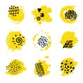 Yellow paint spots with black ink hand marks. Abstract stains for branding design. Royalty Free Stock Photo