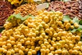 Yellow palm berries and dried fruits in Istanbul street market Royalty Free Stock Photo