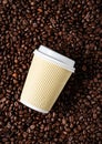 Yellow  paper cup with coffee  on a dark coffee beans background. The concept of eco and zero waste. Eco-friendly use. Mock up, Royalty Free Stock Photo