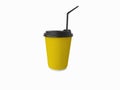 Yellow paper cup for coffee or tea with a black lid and straw, ready to go. Royalty Free Stock Photo