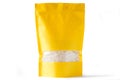 Yellow paper doypack stand up bio pouch with window zipper on white background filled with rice