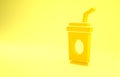 Yellow Paper glass with drinking straw and water icon isolated on yellow background. Soda drink glass. Fresh cold Royalty Free Stock Photo