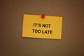 A yellow paper note with the phrase It Is Not Too Late on it pinned to a cardboard background