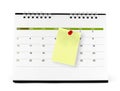 blank yellow note paper with plastic red push pin tacked on desk calendar page