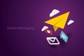 Yellow paper plane and newsletter icon message heart cloud on purple background Royalty Free Stock Photo