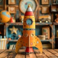 A yellow paper rocket is sitting on a table with a blue background. Royalty Free Stock Photo
