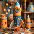 A yellow paper rocket is sitting on a table with a blue background. Royalty Free Stock Photo