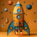 A yellow paper rocket is sitting on a table with a blue background. Royalty Free Stock Photo