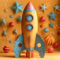 A yellow paper rocket is sitting on a table with a blue background. Royalty Free Stock Photo