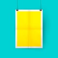 Yellow paper sheet folded in four. Vertical poster mockup hanging on paper clips. Vector illustration