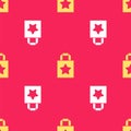 Yellow Paper shopping bag icon isolated seamless pattern on red background. Package sign. Vector Royalty Free Stock Photo