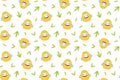 Yellow parrots and leaves on seamless pattern. Squishmallow. Background with parrot. Kawaii, vector