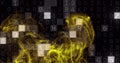 Yellow particle waves image over alphanumeric code background