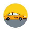 Yellow passenger car taxi, icon in a circle. Urban passenger transportation. Vector illustration