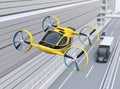 Yellow Passenger Drone Taxi flying over American truck driving on highway