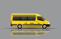 Yellow passenger minibus taxi reflecting on the ground. Urban transport. Vector illustration