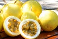 Yellow passion fruit on natural background. Royalty Free Stock Photo