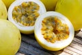 Yellow passion fruit on natural background. Royalty Free Stock Photo