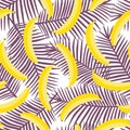 Yellow pastel banana on a purple palm leaves background exotic summer tropical fruit hawaii sweet seamless pattern 