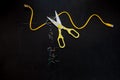 Yellow patch cord cut by scissors and connectors RJ45 , composition isolated over the black chalkboard background. Royalty Free Stock Photo