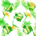 Yellow Pattern Illustration. Green Tropical Texture. Gray Floral Palm. Organic Spring Nature. Beige Drawing Design.