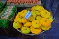 Yellow Pattypan squash sold at old market, Port Louis, Mauritius Royalty Free Stock Photo