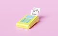 Yellow payment machine or pos terminal, electronic bill payment and credit card with invoce or paper check receipt,coin isolated