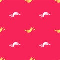 Yellow Peace dove with olive branch icon isolated seamless pattern on red background. Happy Easter. Vector Illustration