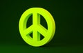 Yellow Peace icon isolated on green background. Hippie symbol of peace. Minimalism concept. 3d illustration 3D render