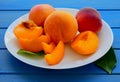 Yellow peaches full and cut on white plate, on blue table. Closeup, fruit Royalty Free Stock Photo