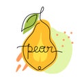 Yellow pear with green leaf, freehand lettering. Print, poster, stamp for bag, card. Drawing with black one continuous line,