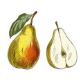 Yellow pear with leaf and half of fruit. Royalty Free Stock Photo