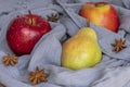 A pear and two red apples wetted with water drops are wrapped in a gray scarf with star anise Royalty Free Stock Photo