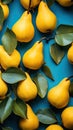 Yellow pears on a light blue background. Fruit harvest. Autumn still life. Pear variety Bera Conference.